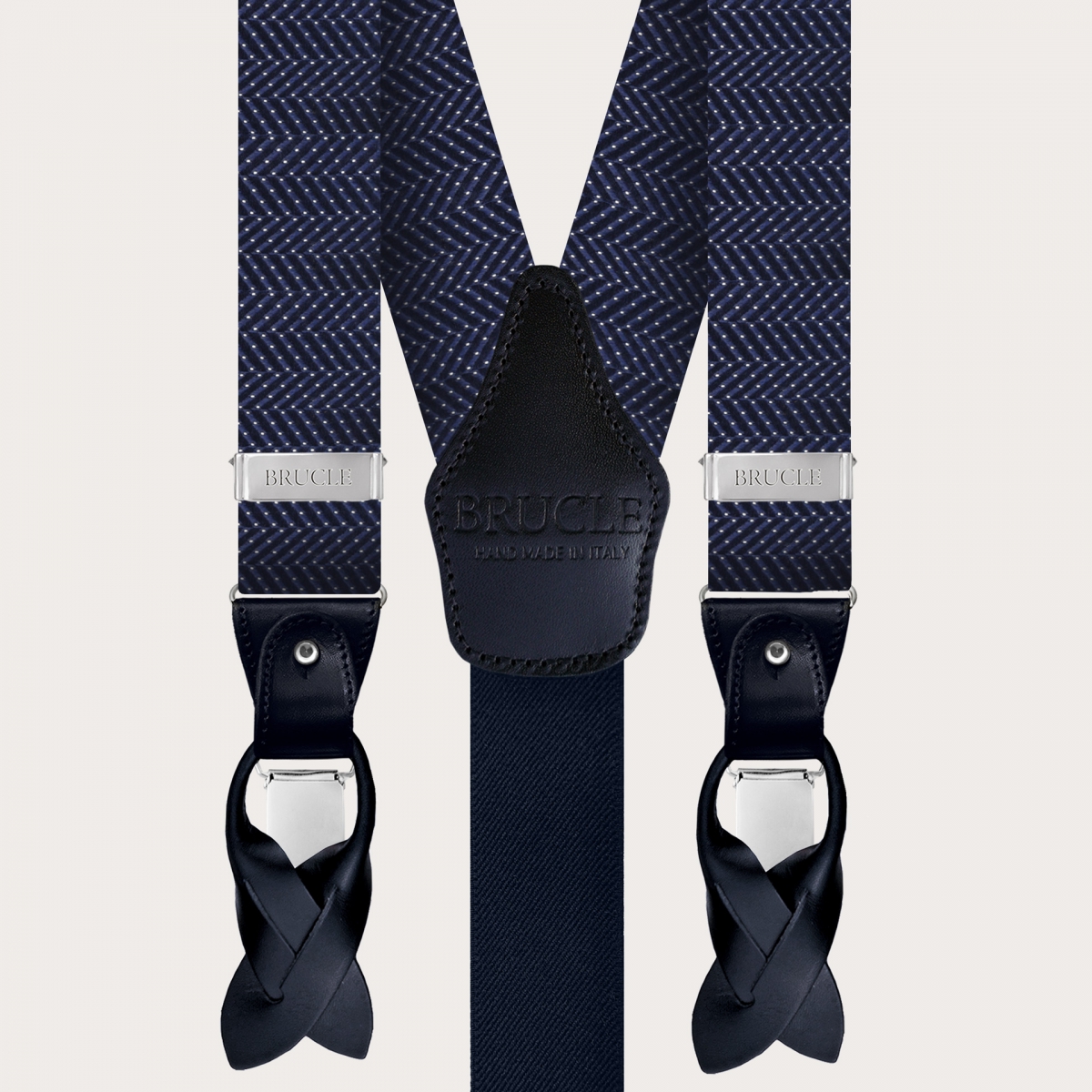 Coordinated suspenders and bowtie in silk, dotted blue
