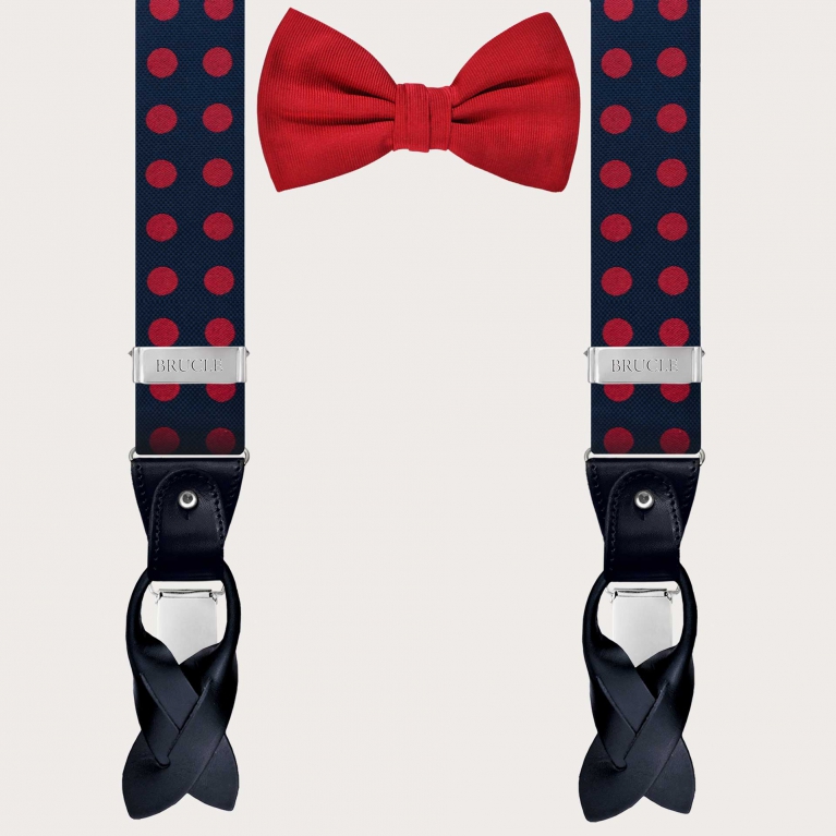 Blue Silk Suspenders with Polka Dots and Red Bow Tie