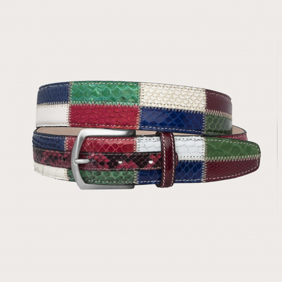 Cintura patchwork in vero pitone multicolore verde blu rosso bianco