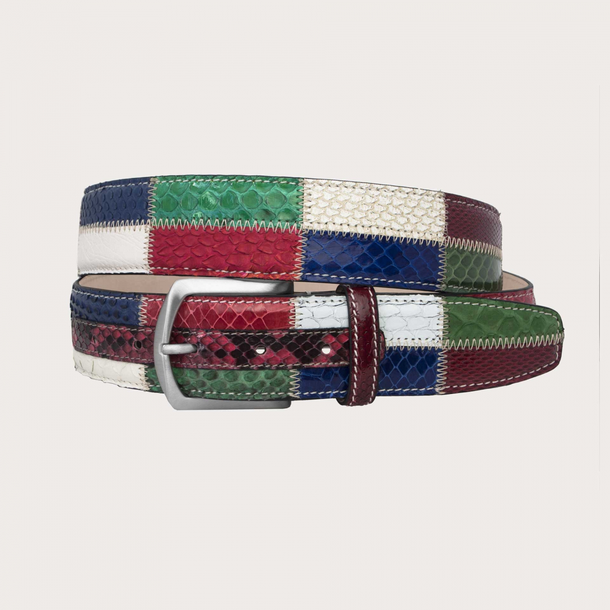 Cintura patchwork in vero pitone multicolore verde blu rosso bianco
