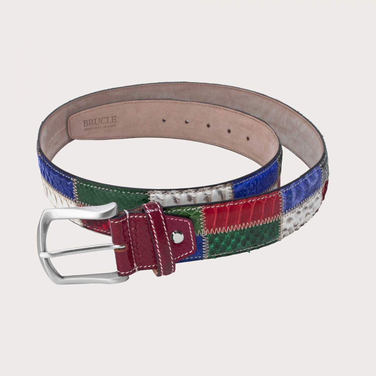 Casual patchwork python belt, red blue white green