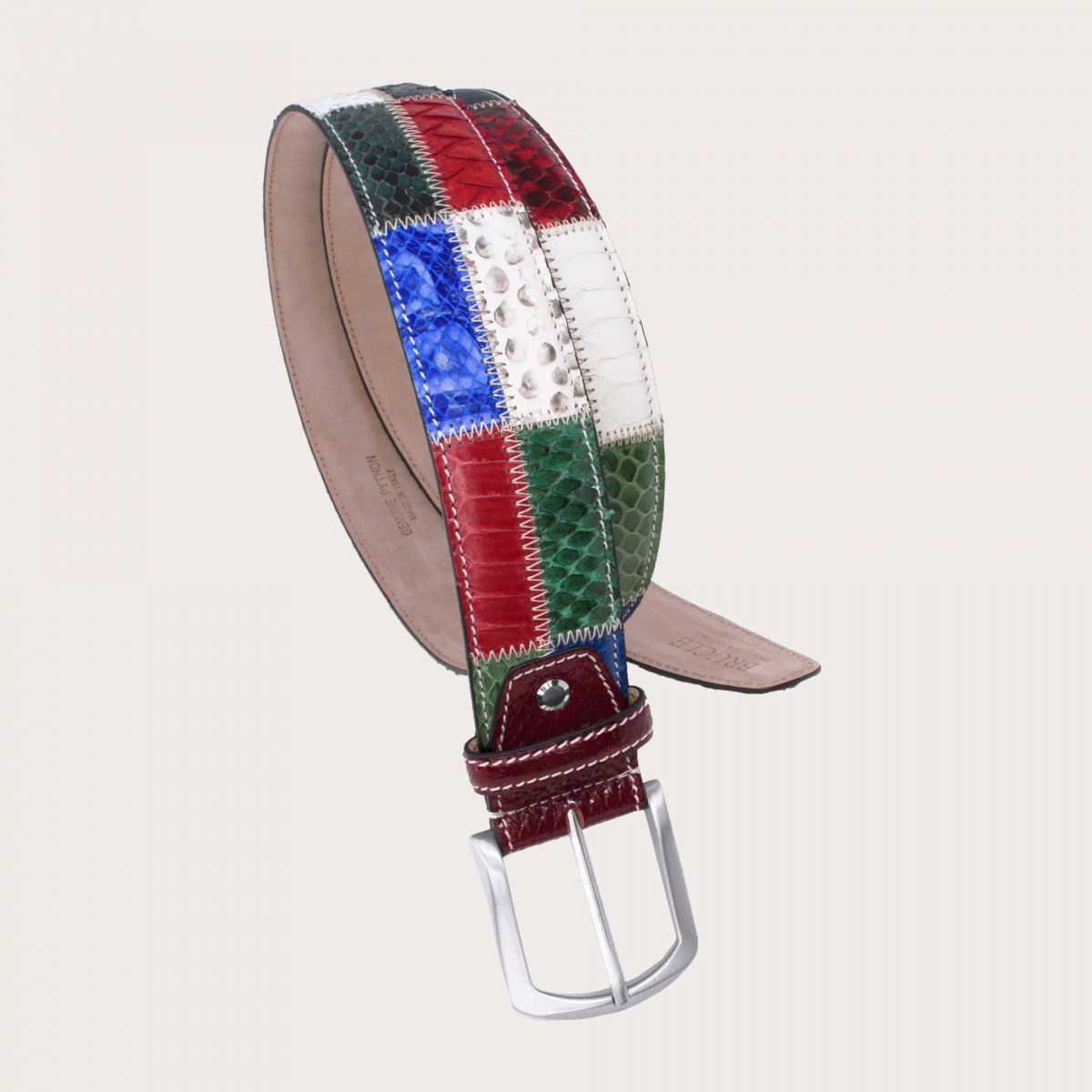 Cinturón casual patchwork en pitón, blanco, rojo, azul y verde