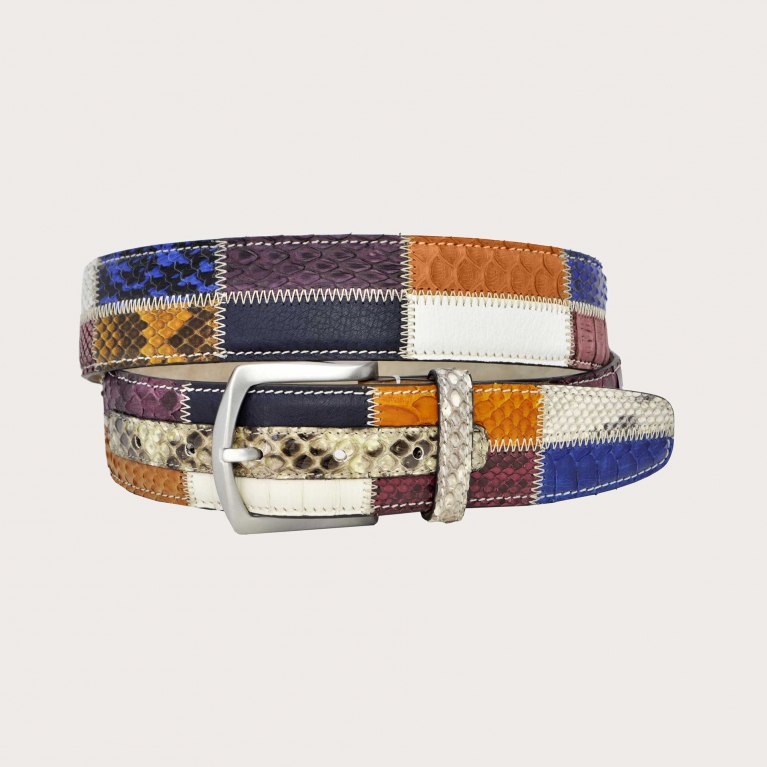 Patchwork python belt, brown blue white bordeaux