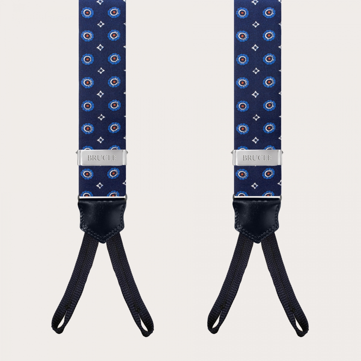 BRUCLE Suspenders in blue floral silk with buttonholes