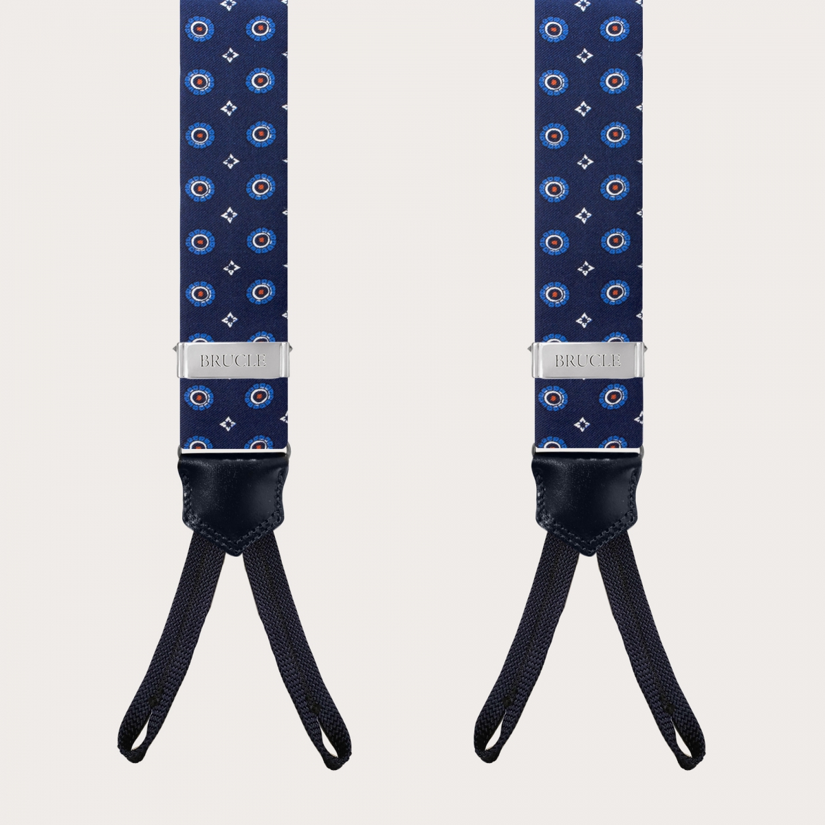 BRUCLE Suspenders in blue floral silk with buttonholes