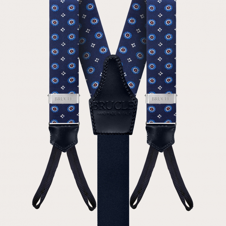 Suspenders in blue floral silk with buttonholes