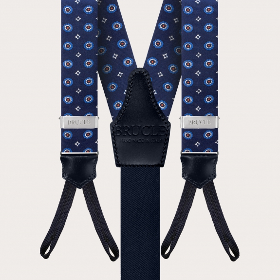 BRUCLE Suspenders in blue floral silk with buttonholes