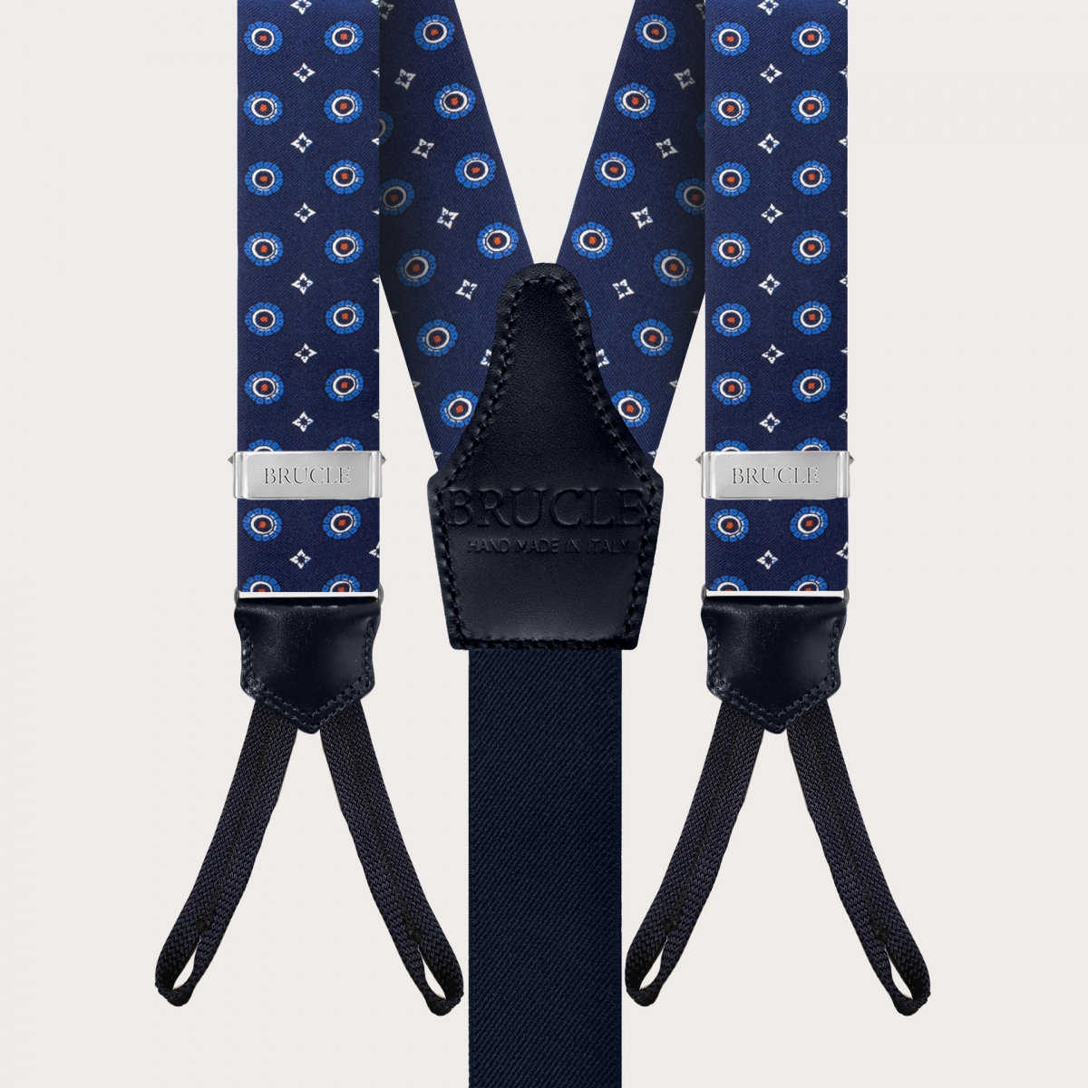 BRUCLE Suspenders in blue floral silk with buttonholes
