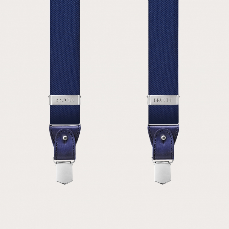 Formal Y-shape pure silk suspenders, blue handcolored