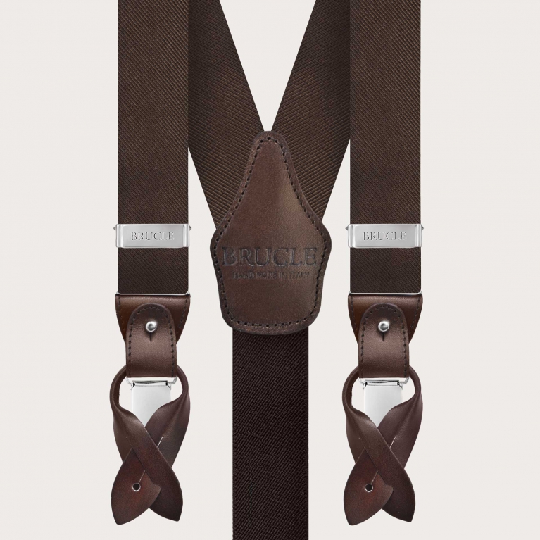 Elegant brown silk suspenders with hand shaded leather