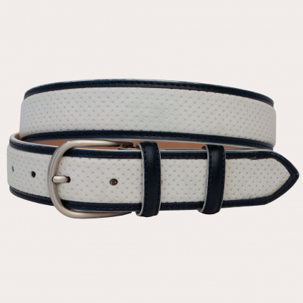 Ash grey drilled suede belt with blue leather borders