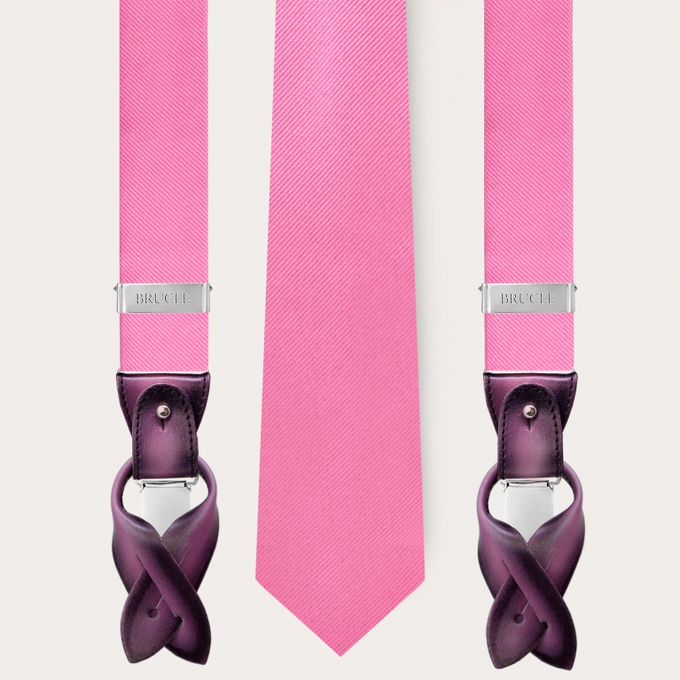 Bretelle e cravatta rosa in seta, set coordinato