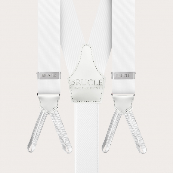 BRUCLE Formal silk suspenders with braid runners, white