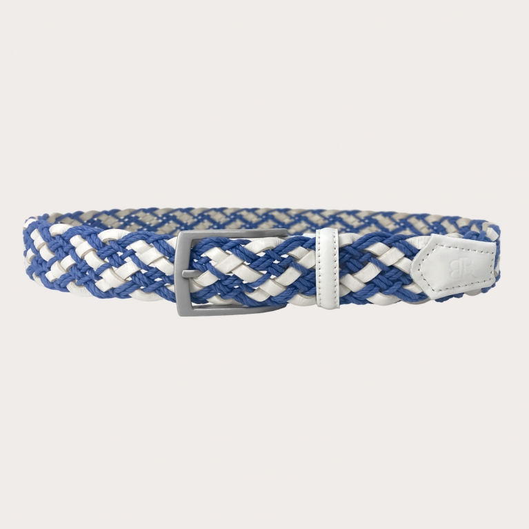 Cinturón trenzado blanco y azul de cuero y algodón