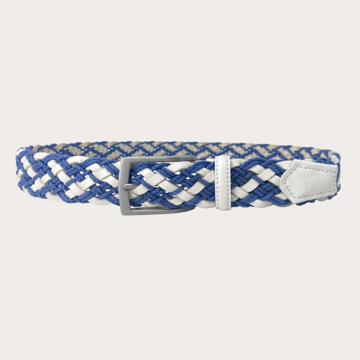 BRUCLE Cinturón trenzado blanco y azul de cuero y algodón
