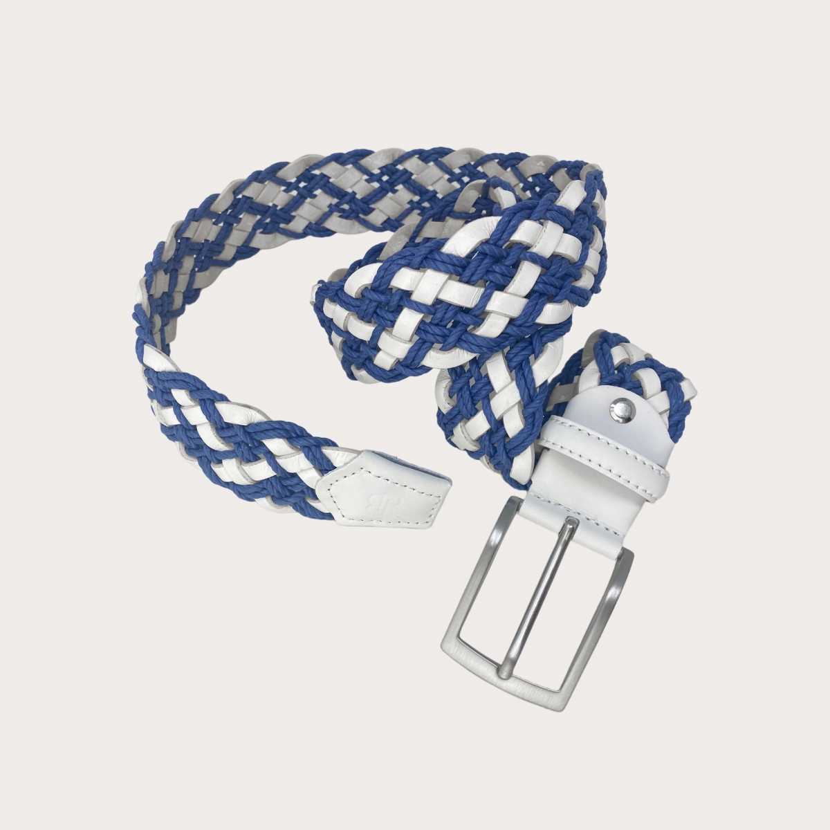 BRUCLE Cinturón trenzado blanco y azul de cuero y algodón