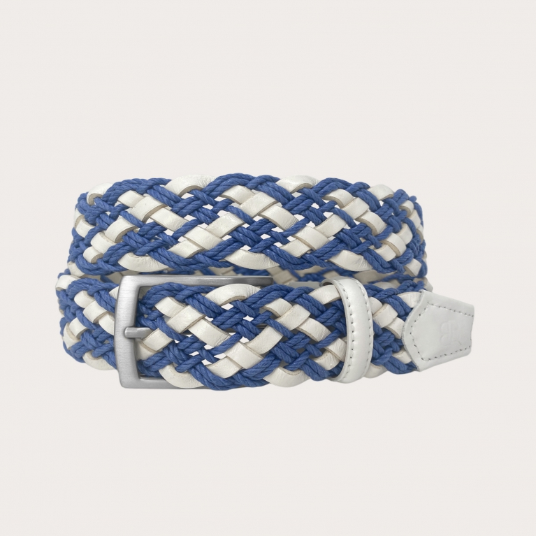 Braided white and blue leather and cotton belt