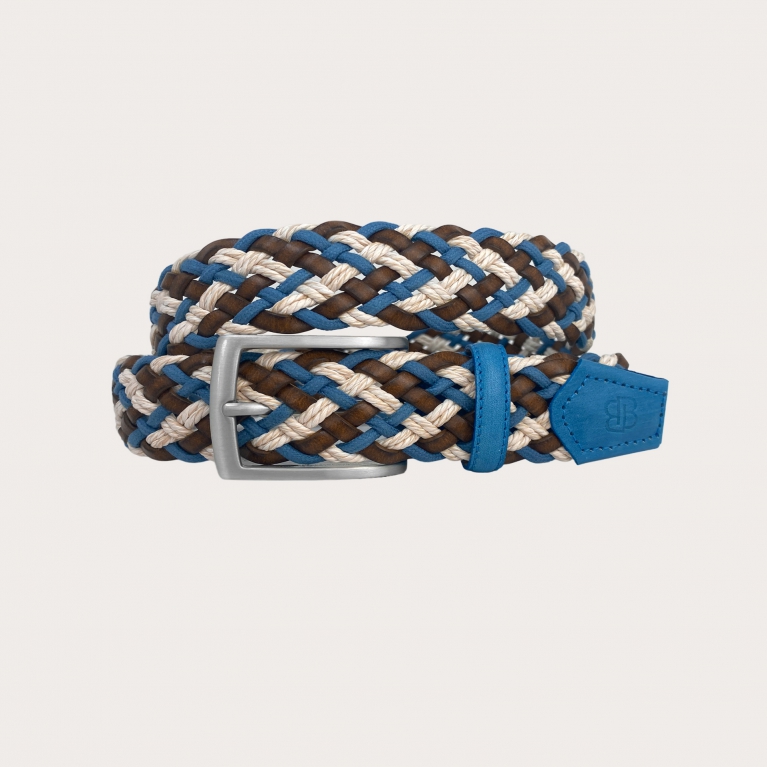 Cinturón trenzado de cuero y algodón marrón, blanco y azul