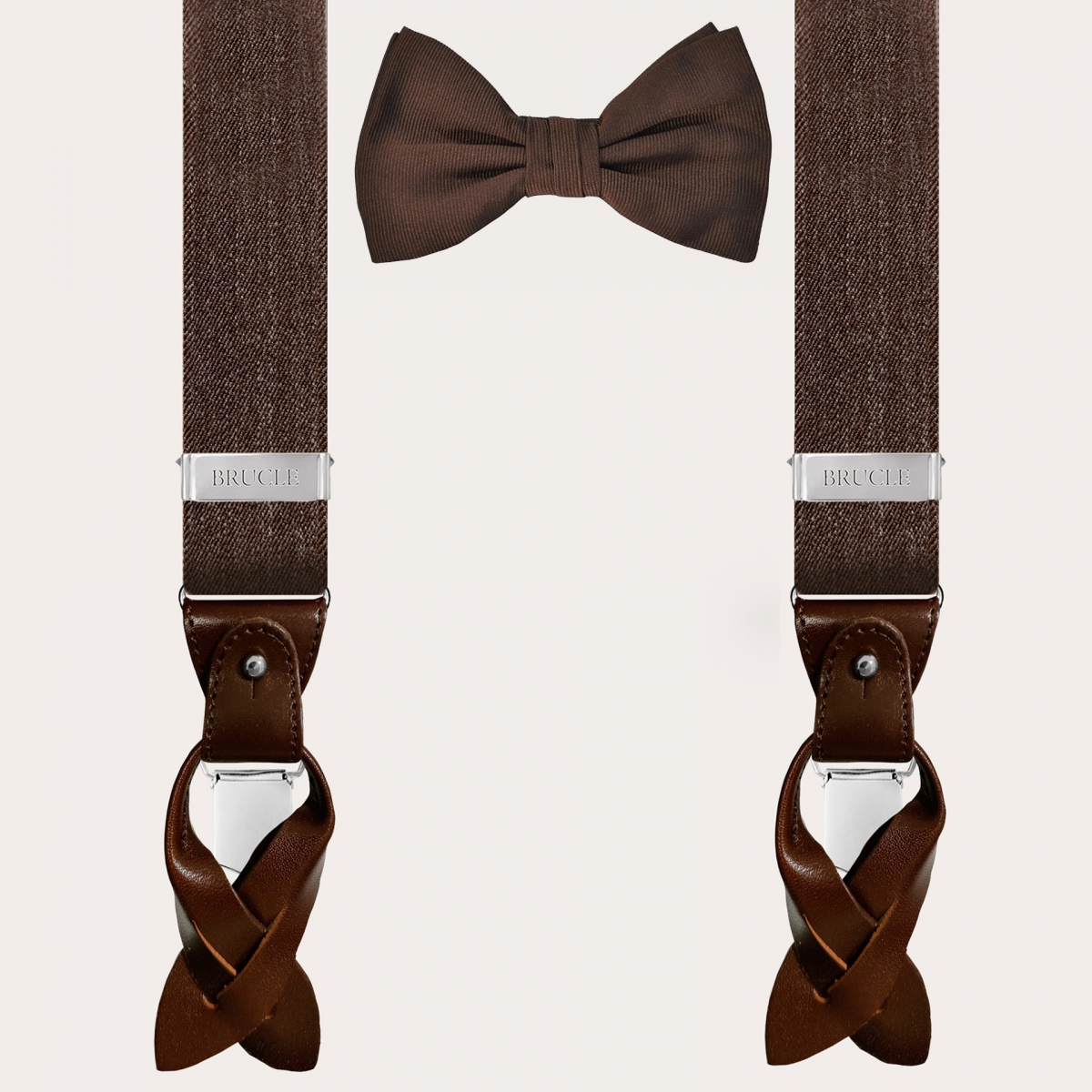 BRUCLE Coordinated set of jeans suspenders and brown jacquard bow tie