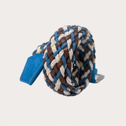 Cinturón trenzado de cuero y algodón marrón, blanco y azul