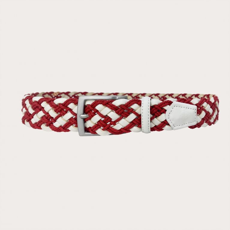 Red and white braided belt in leather and cotton