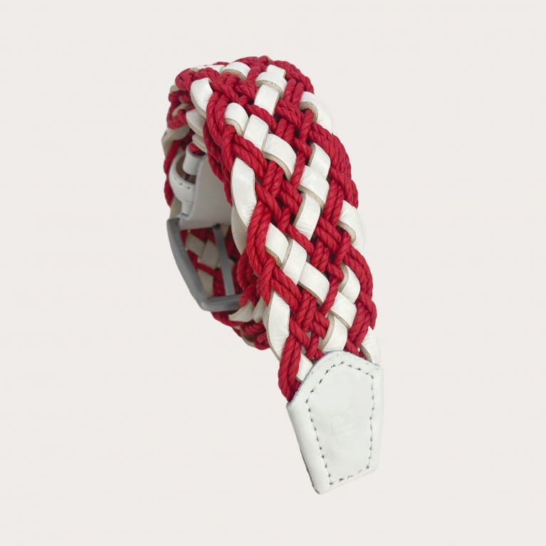 Cinturón trenzado rojo y blanco en cuero y algodón