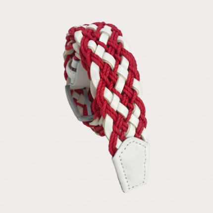 Red and white braided belt in leather and cotton