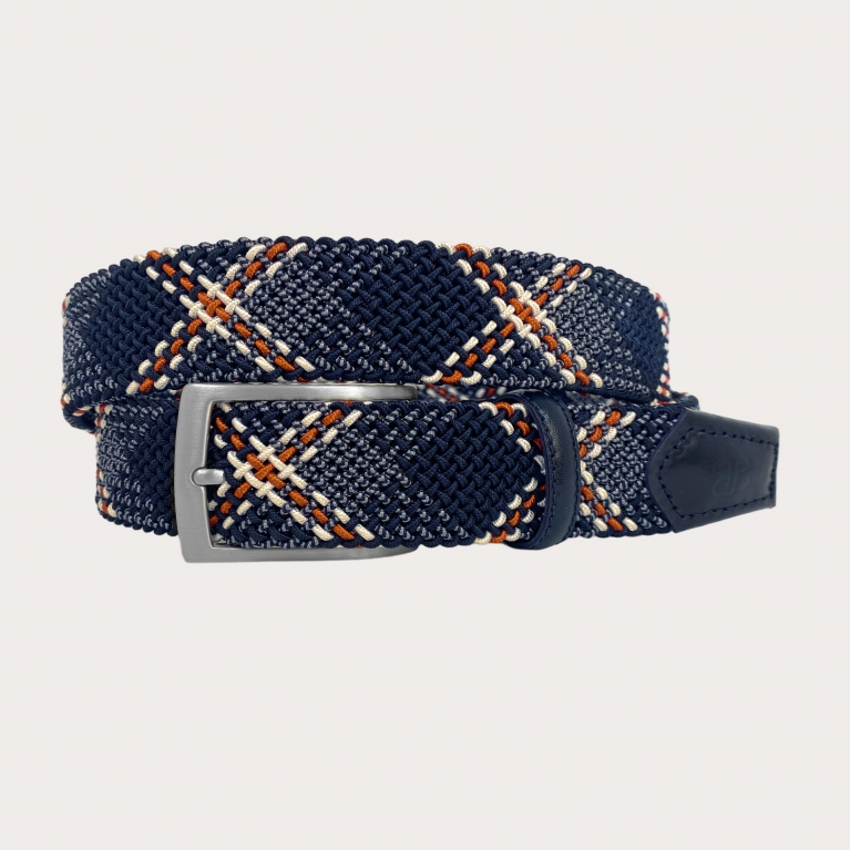 Braided elastic belt in blue with orange and beige pattern