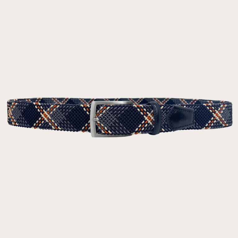 Braided elastic belt in blue with orange and beige pattern