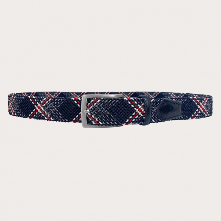 Cinturón elástico tubular trenzado azul con patrón rojo y blanco