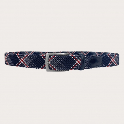 Braided elastic belt in blue with red and white pattern