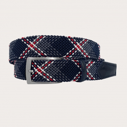 Braided elastic belt in blue with red and white pattern