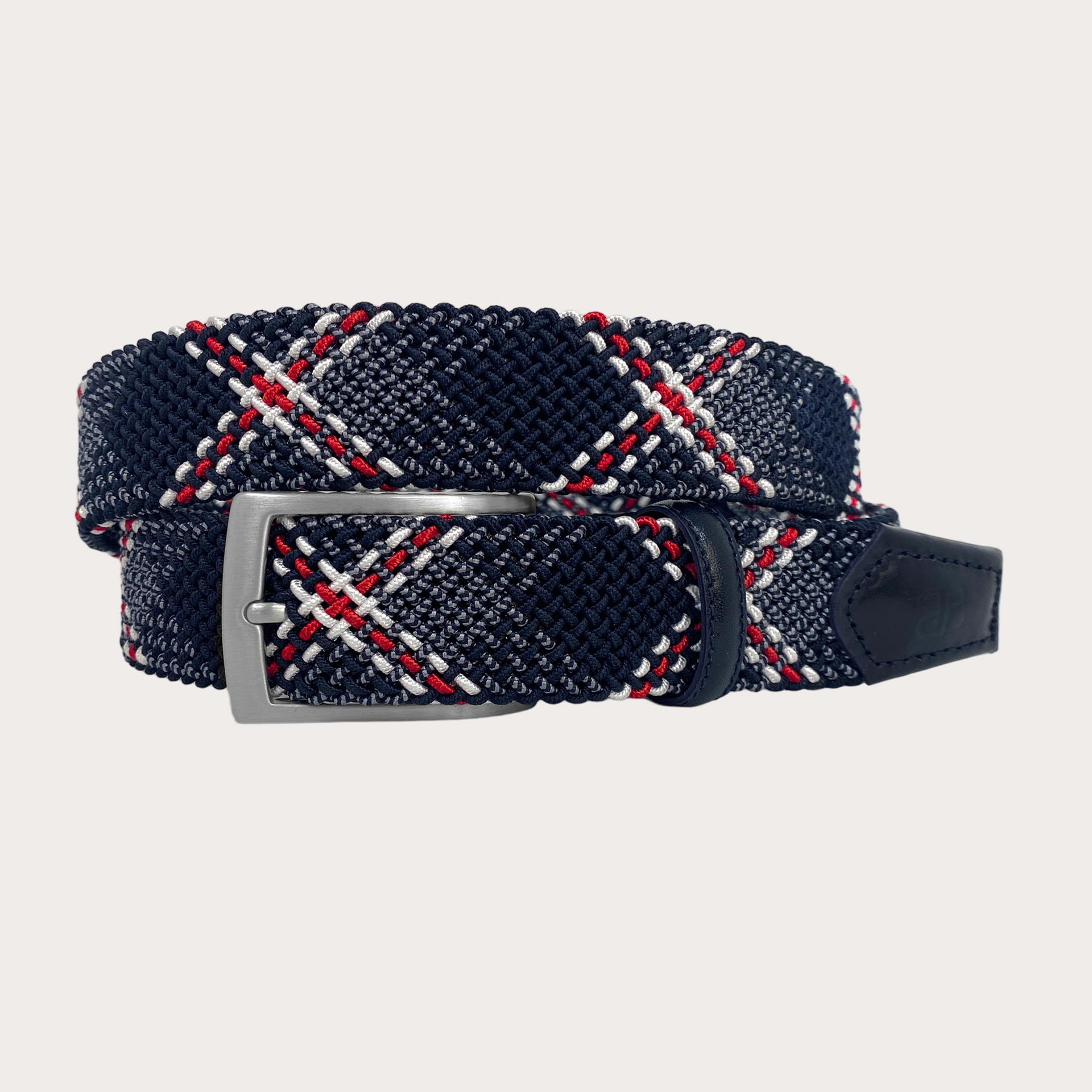 BRUCLE Braided elastic belt in blue with red and white pattern