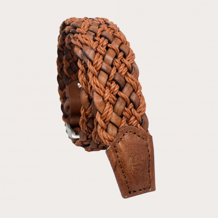 Braided brown leather and cotton belt