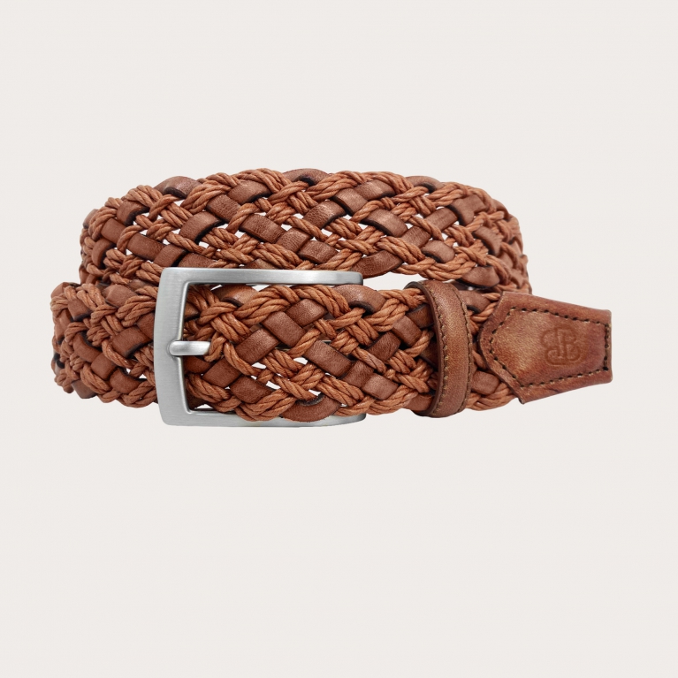 Braided brown leather and cotton belt