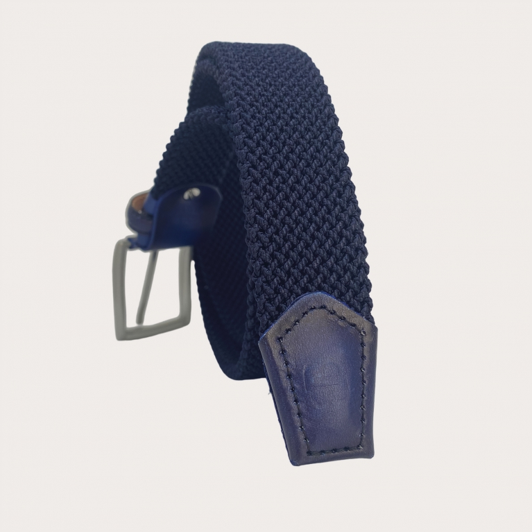 Navy blue elastic braided belt with hand-colored leather, nickel free