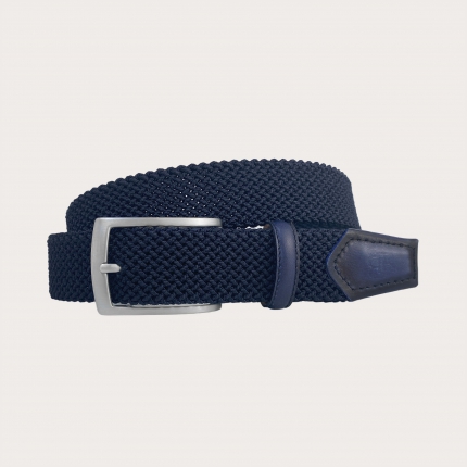 Navy blue elastic braided belt with hand-colored leather, nickel free