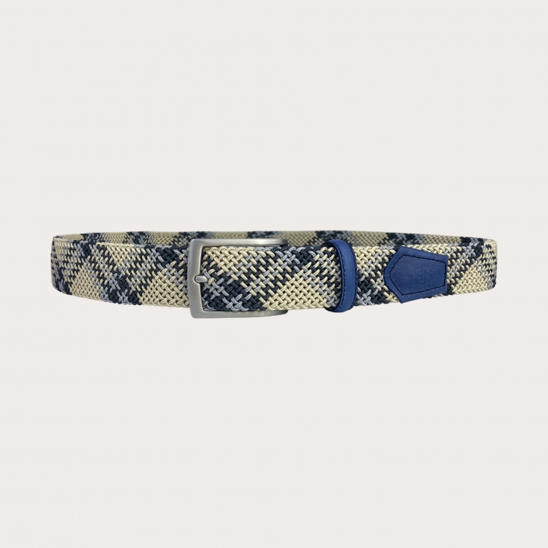 Woven elastic blue belt with sky-blue and beige pattern