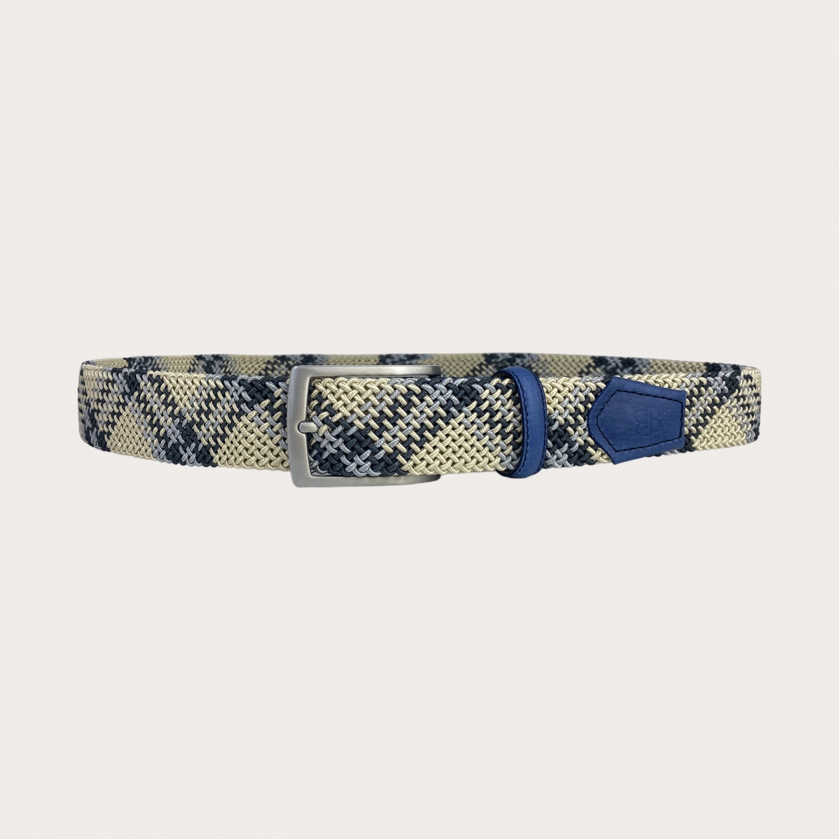 Cinturón elástico tubular trenzado azul con patrón en celeste y beige