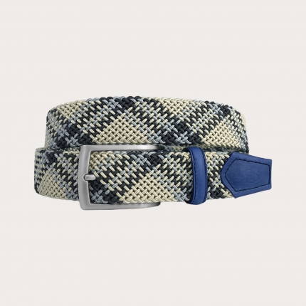 Cinturón elástico tubular trenzado azul con patrón en celeste y beige