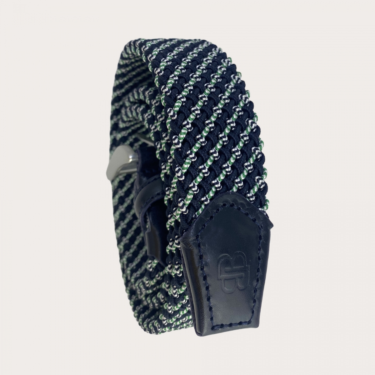 BRUCLE Braided elastic belt in blue with white and green oblique micro stripes