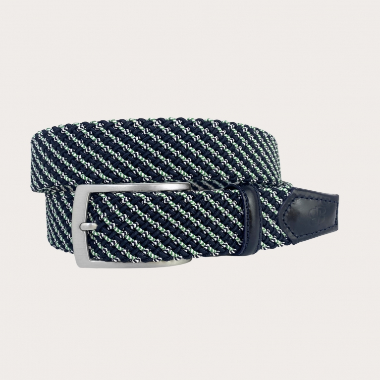 Braided elastic belt in blue with white and green oblique micro stripes