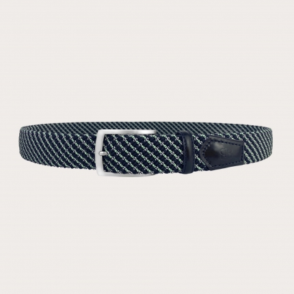 Braided elastic belt in blue with white and green oblique micro stripes
