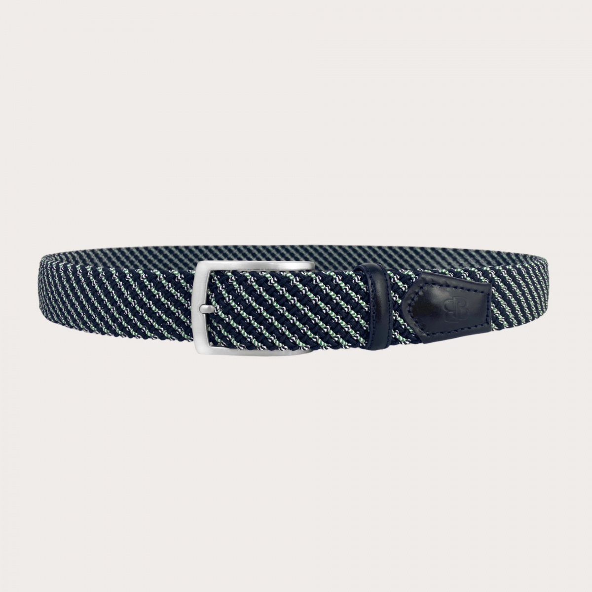 BRUCLE Braided elastic belt in blue with white and green oblique micro stripes