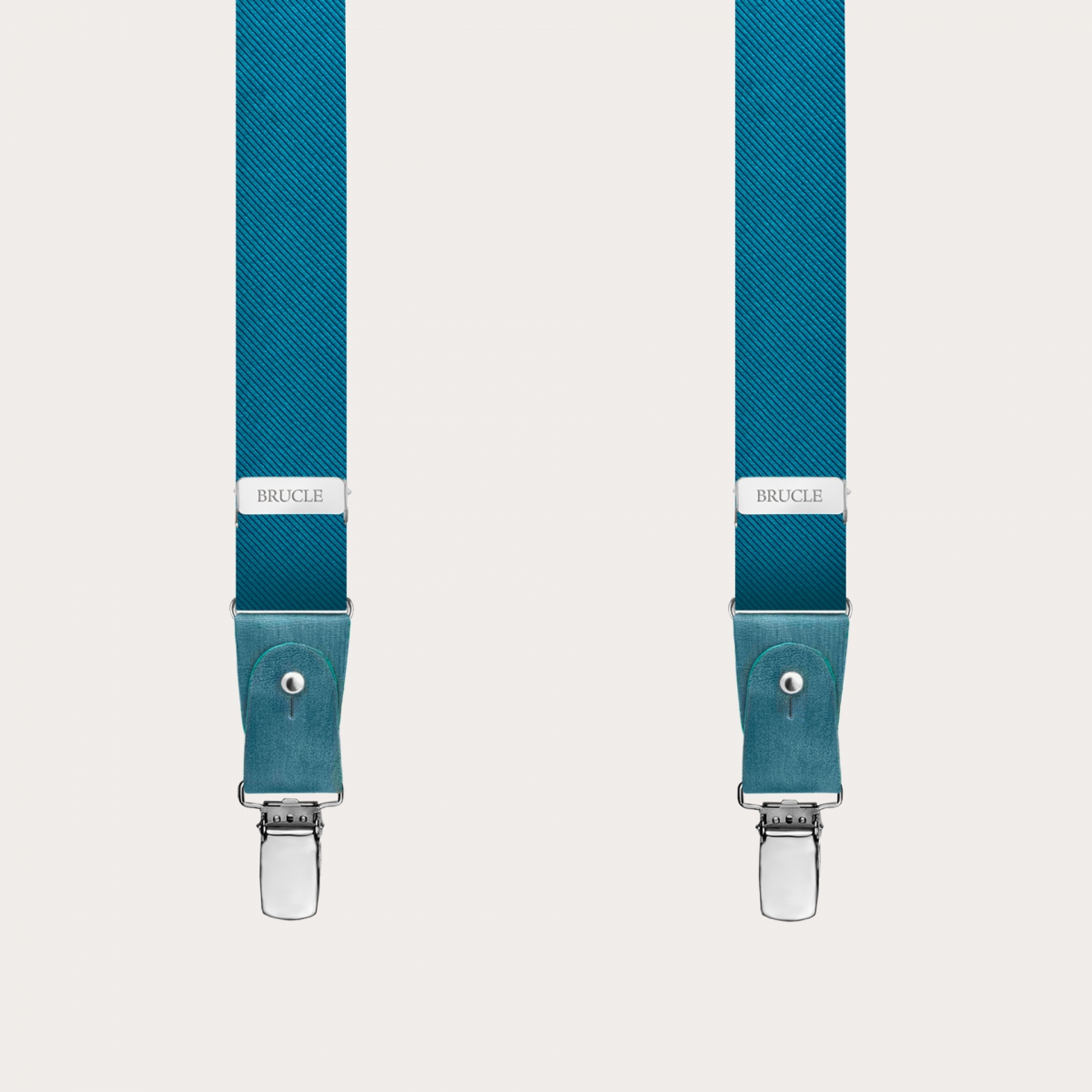 BRUCLE Petrol green silk suspenders with hand-painted leather parts