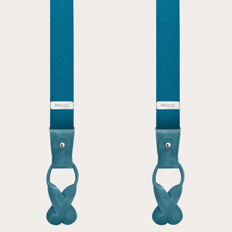 Petrol green silk suspenders with hand-painted leather parts