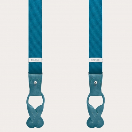 Petrol green silk suspenders with hand-painted leather parts
