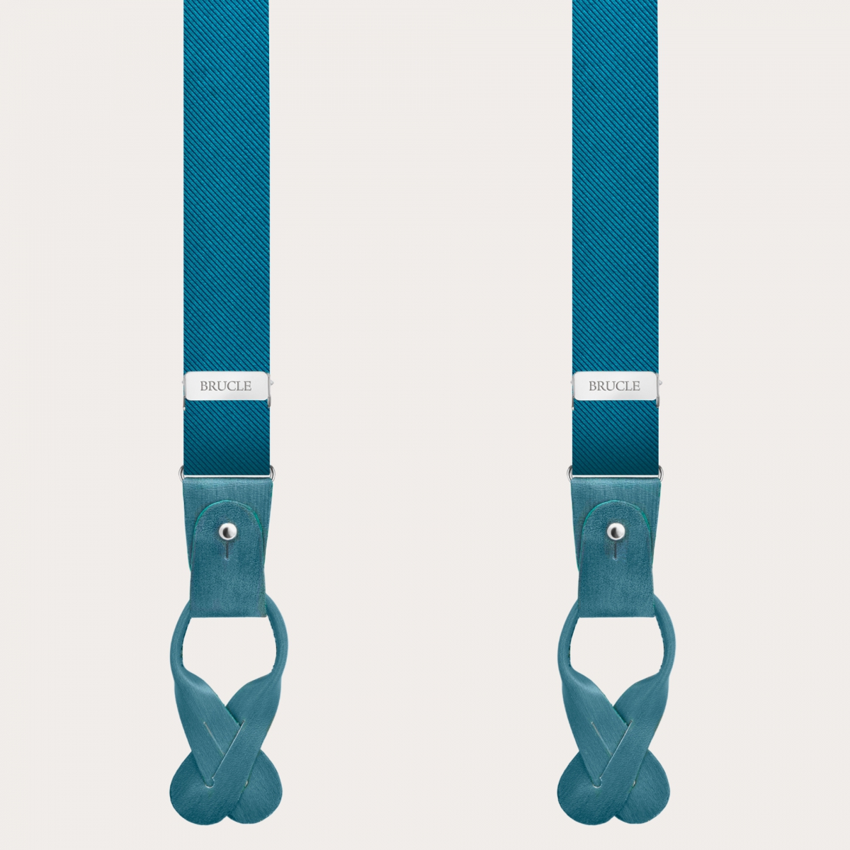 BRUCLE Petrol green silk suspenders with hand-painted leather parts