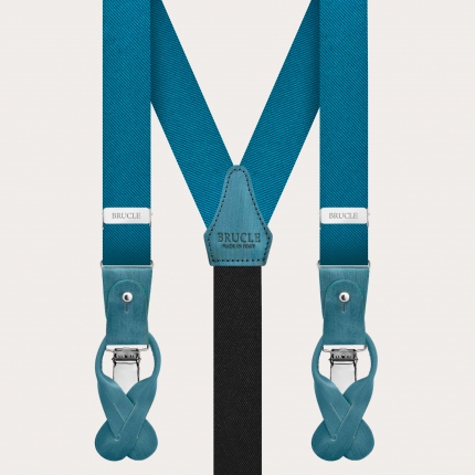 Petrol green silk suspenders with hand-painted leather parts
