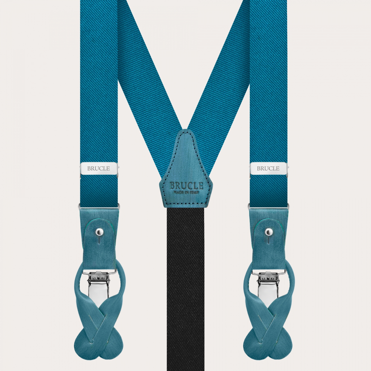 BRUCLE Petrol green silk suspenders with hand-painted leather parts